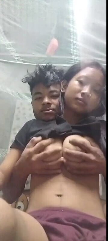 Hot Couple Enjoying Boobs Pressing At Night
